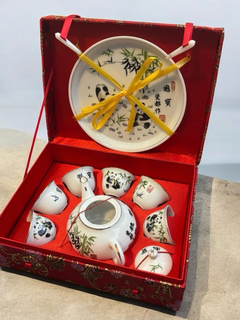 Vintage Chinese Porcelain Miniature Panda Tea Set in Original Red Brocade Box